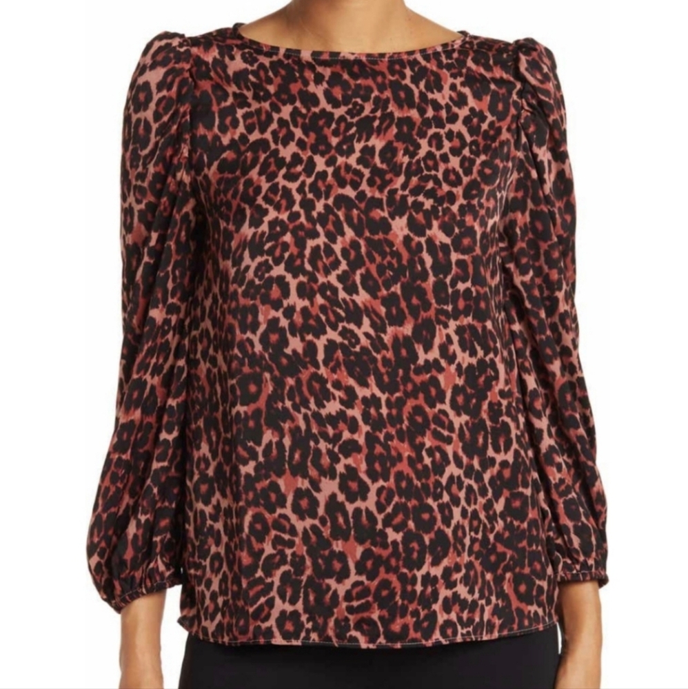 Gigi Parker | Leopard Print Burlwood Boat Neck Peasant Top Size XXL